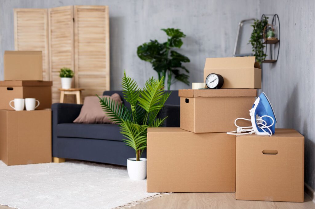 A living room with cardboard boxes in the concept of moving into a new house.