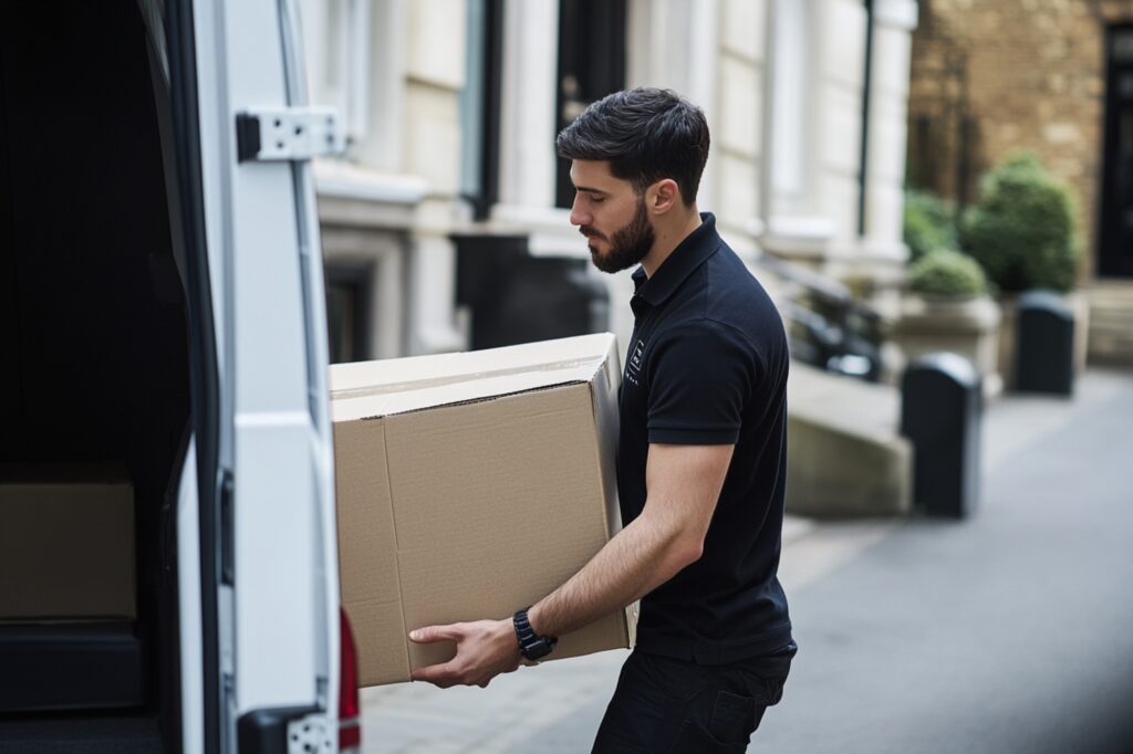 A man and van in black polo shirt loading cardboard to the white van in the concept of 'how to ensure an efficient move with a man and van service'.